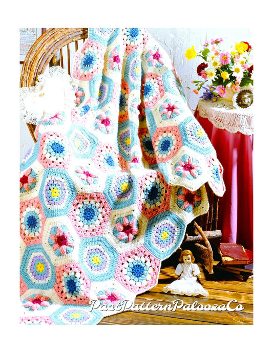 Vintage Crochet Afghan Pattern Hexagon Flower Granny Squares PDF Instant Digital Download Floral Motif Sampler Design 45x70 10 Ply