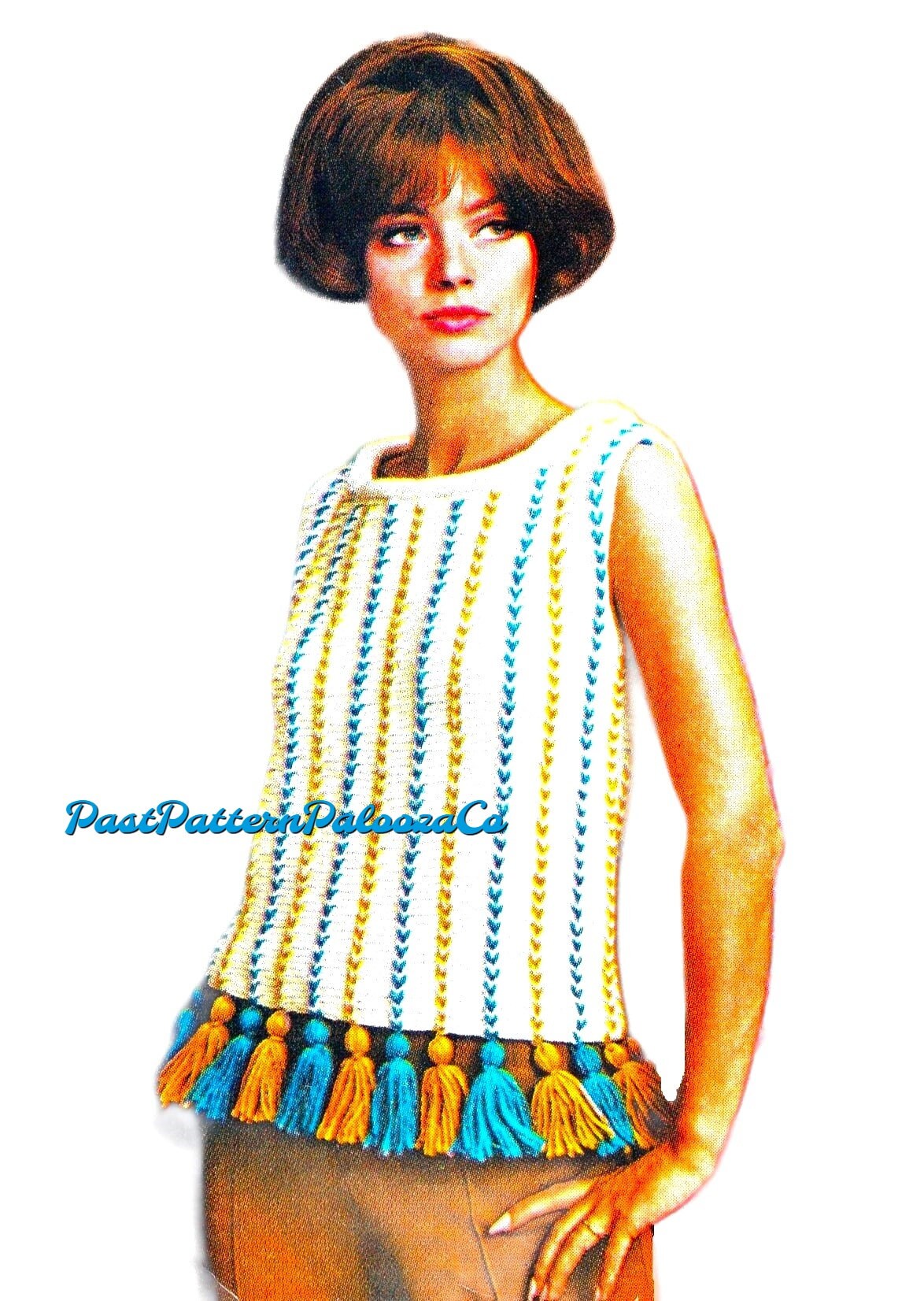Vintage Knitting Pattern Womens Boho Short Sleeved Top Stripes and Tassels PDF Instant Digital Download Retro Groovy Hippie Chic 10 Ply