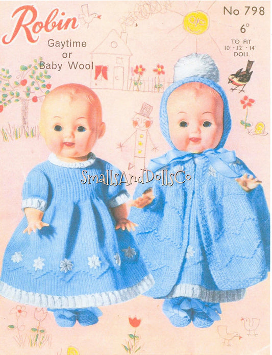Vintage Knitting Pattern Pretty Baby Doll Outfit Clothes For 10 12 14 Inch Dolls PDF Instant Download Dress Cape Hat Booties 3 Ply