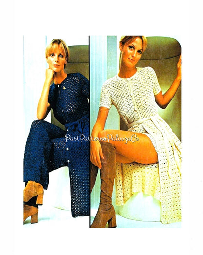 Vintage Crochet Pattern Lacy Duster Coat Dress Pants Shorts Suit Set Pantsuit Outfit PDF Instant Digital Download 70s Boho Chic 4 Ply