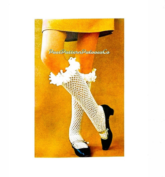Vintage Crochet Pattern Womens Pretty Fish Net Knee Socks Loopy Trim PDF Instant Digital Download Retro Coquettish Ruffle Stockings 5 Ply
