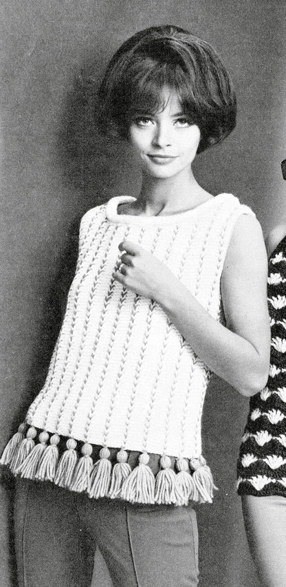Vintage Knitting Pattern Womens Boho Short Sleeved Top Stripes and Tassels PDF Instant Digital Download Retro Groovy Hippie Chic 10 Ply