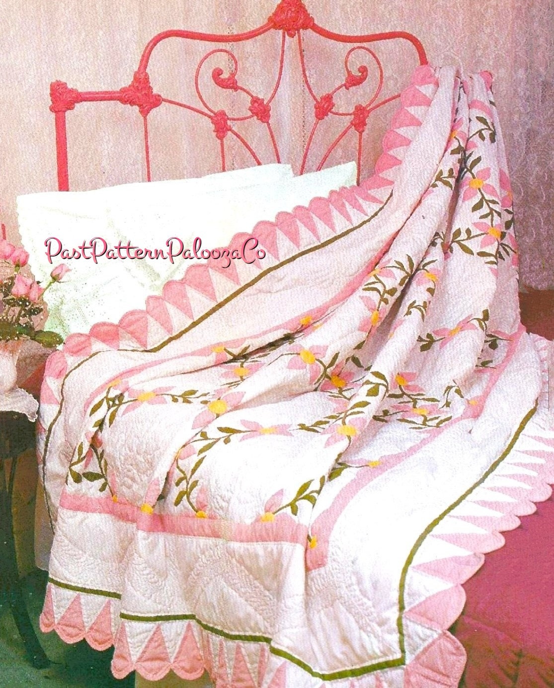 Vintage Sewing Pattern Pink Dogwood Bed Quilt Instant Digital Download Appliqued Flowering Tree Vines Bedspread