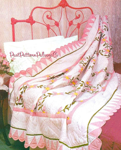 Vintage Sewing Pattern Pink Dogwood Bed Quilt Instant Digital Download Appliqued Flowering Tree Vines Bedspread