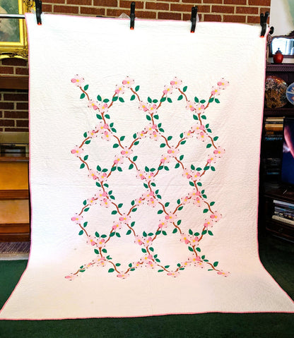 Vintage Sewing Pattern Pink Dogwood Bed Quilt Instant Digital Download Appliqued Flowering Tree Vines Bedspread