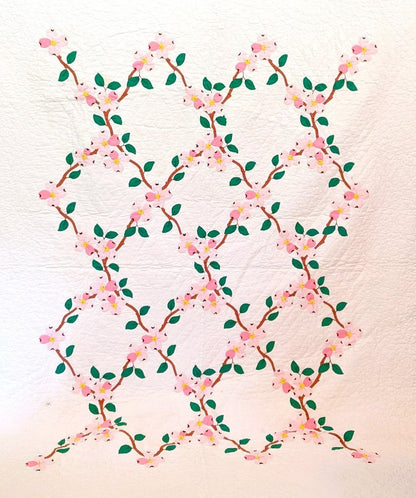 Vintage Sewing Pattern Pink Dogwood Bed Quilt Instant Digital Download Appliqued Flowering Tree Vines Bedspread
