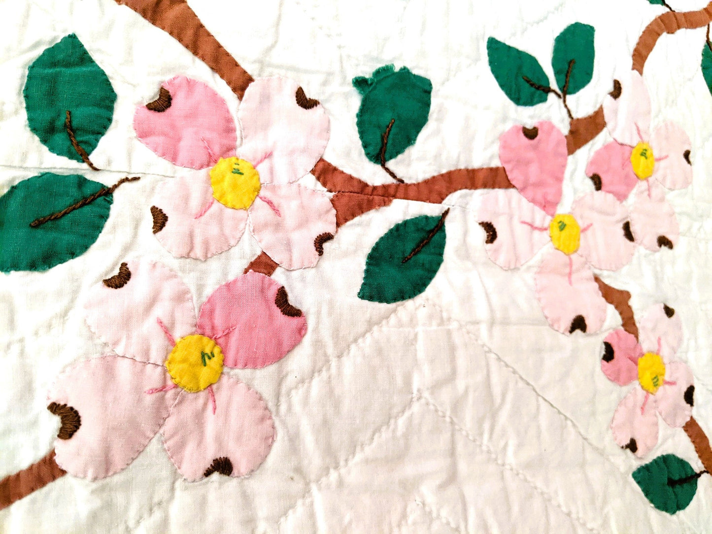 Vintage Sewing Pattern Pink Dogwood Bed Quilt Instant Digital Download Appliqued Flowering Tree Vines Bedspread