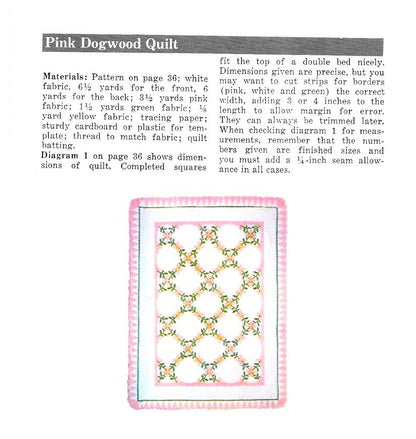 Vintage Sewing Pattern Pink Dogwood Bed Quilt Instant Digital Download Appliqued Flowering Tree Vines Bedspread