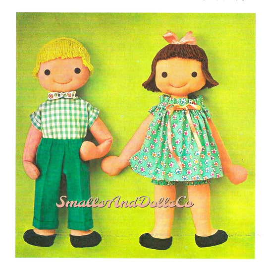 Vintage Sewing Pattern 21" Cuddly Couple Boy and Girl Soft Sculpture Toy Dolls PDF Instant Digital Download  Cute Rag Dollies Yarn Hair