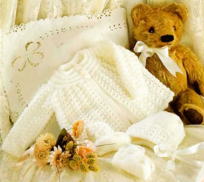 Vintage Knitting Pattern Knit Baby Pretty Girls Matinee Jacket Bonnet Booties Set PDF Instant Digital Download 0-18m DK