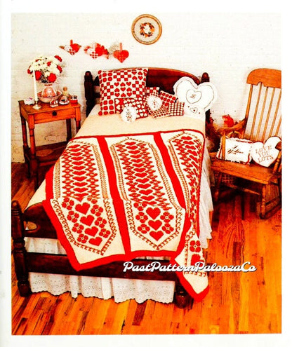 Vintage Crochet Afghan Hearts and Flowers Pattern PDF Instant Digital Download Cross Stitch over Single Crochet Throw 10 Ply 51x66