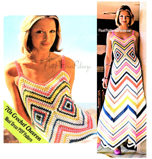 Vintage Crochet Pattern Womens Zig Zag Stripes Chevron Maxi Dress PDF Instant Digital Download Boho Granny Square Long Sundress
