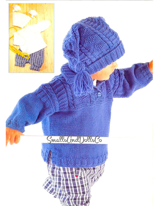 Vintage Knitting Pattern Baby Toddler Child Tunic Sweater Tasseled Hat Set PDF Instant Digital Download 0-8 yrs DK