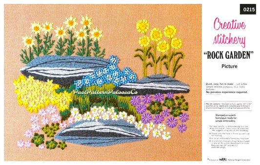 Vintage Crewel Embroidery Pattern Beautiful Rock Garden Flower Bed & Foliage Needlepoint PDF Instant Digital Download