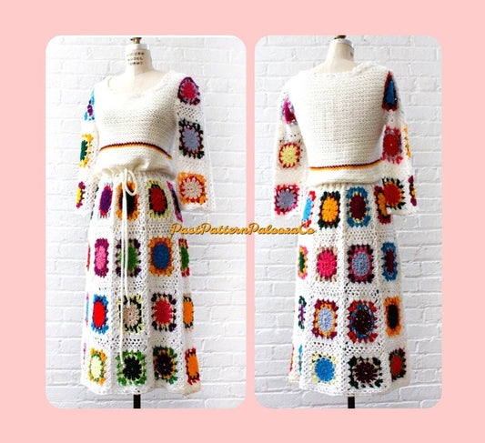 Vintage Crochet Pattern Womens Rainbow Granny Square Maxi Dress PDF Instant Digital Download Groovy Boho Long Festival Gown 5 Ply