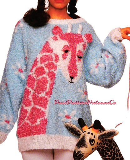 Vintage Knitting Pattern Womens Pink Giraffe Daisies Sweater PDF Instant Digital Download Retro Animal Motif Pullover Jumper 5 Ply