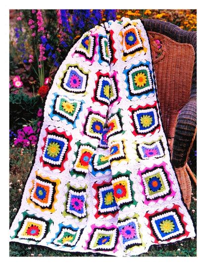 Vintage Crochet Pattern Kaleidoscope Flower Granny Square Afghan PDF Instant Digital Download Easy Beginners Throw Blanket 43x61 10 Ply