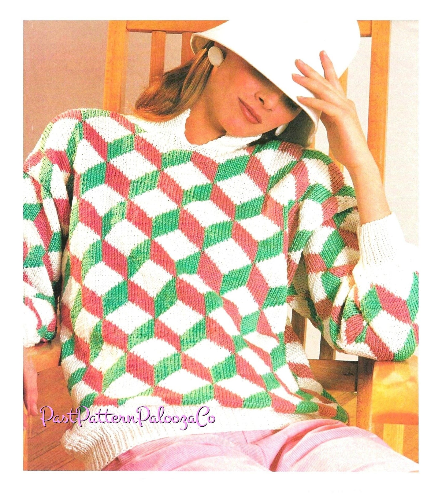 Vintage Knitting Pattern Womens Baby Blocks Sweater Retro Quilt Like Pullover Design PDF Instant Digital Download Cotton DK