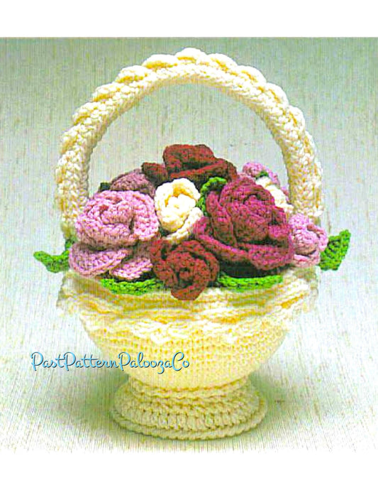 Vintage Crochet Pattern 11" Roses Flower Basket Milk Glass PDF Instant Digital Download 4 Ply