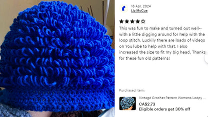 Vintage Crochet Pattern Womens Loopy Loop Stitch Hat PDF Instant Digital Download Retro Boho Chic 4-Ply