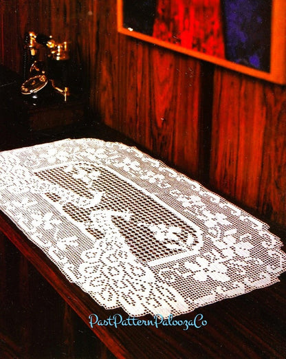 Vintage Filet Crochet Pattern 32" Majestic Peacock Birds Flowers Table Runner PDF Instant Digital Download White Cotton Thread
