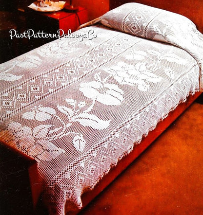 Vintage Filet Crochet Lacy Bedspread Flower and Diamond Panels PDF Instant Digital Download White Cotton Thread Bed Cover 90x64