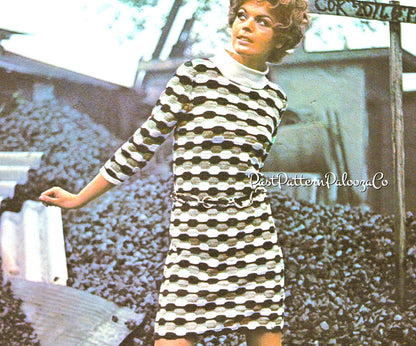 Vintage Crochet Pattern Womens Retro Staggered Blocks Mod Mini Dress PDF Instant Digital Download Groovy Sixties Boho Chic 4 Ply DK