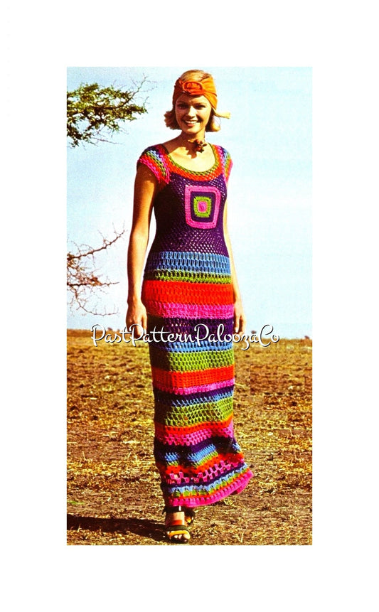 Vintage Crochet Pattern Womens Rainbow Granny Square Maxi Dress PDF Instant Digital Download Groovy Boho Long Summer Sundress 4 Ply