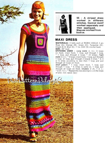 Vintage Crochet Pattern Womens Rainbow Granny Square Maxi Dress PDF Instant Digital Download Groovy Boho Long Summer Sundress 4 Ply