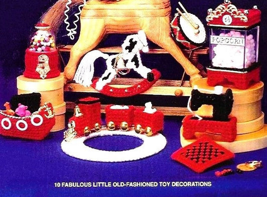 Vintage Plastic Canvas Pattern Mini Antique Toys PDF Instant Digital Download 10 Designs Popcorn Machine Phone Rocking Horse Hat Train