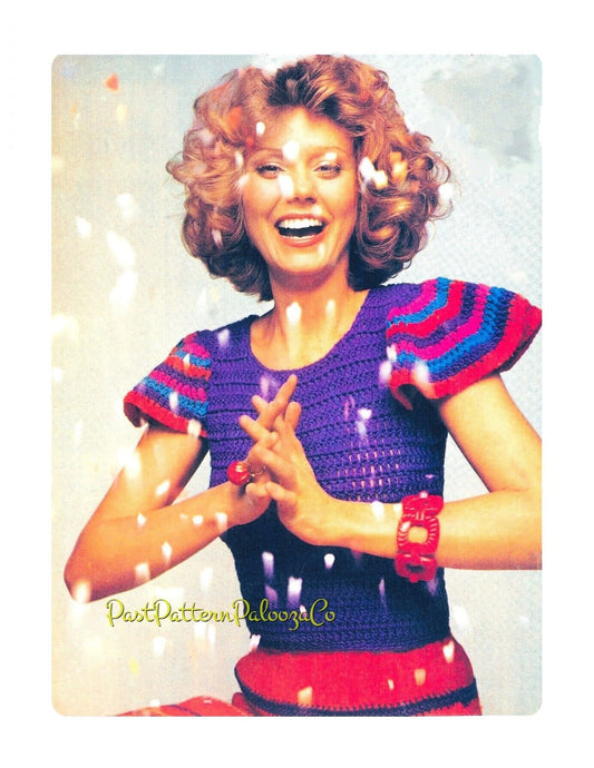 Vintage Crochet Pattern Womens Flouncy Flutter Sleeved Top PDF Instant Digital Download Retro Summer Short Jumper Hippie Boho Chic 10 Ply