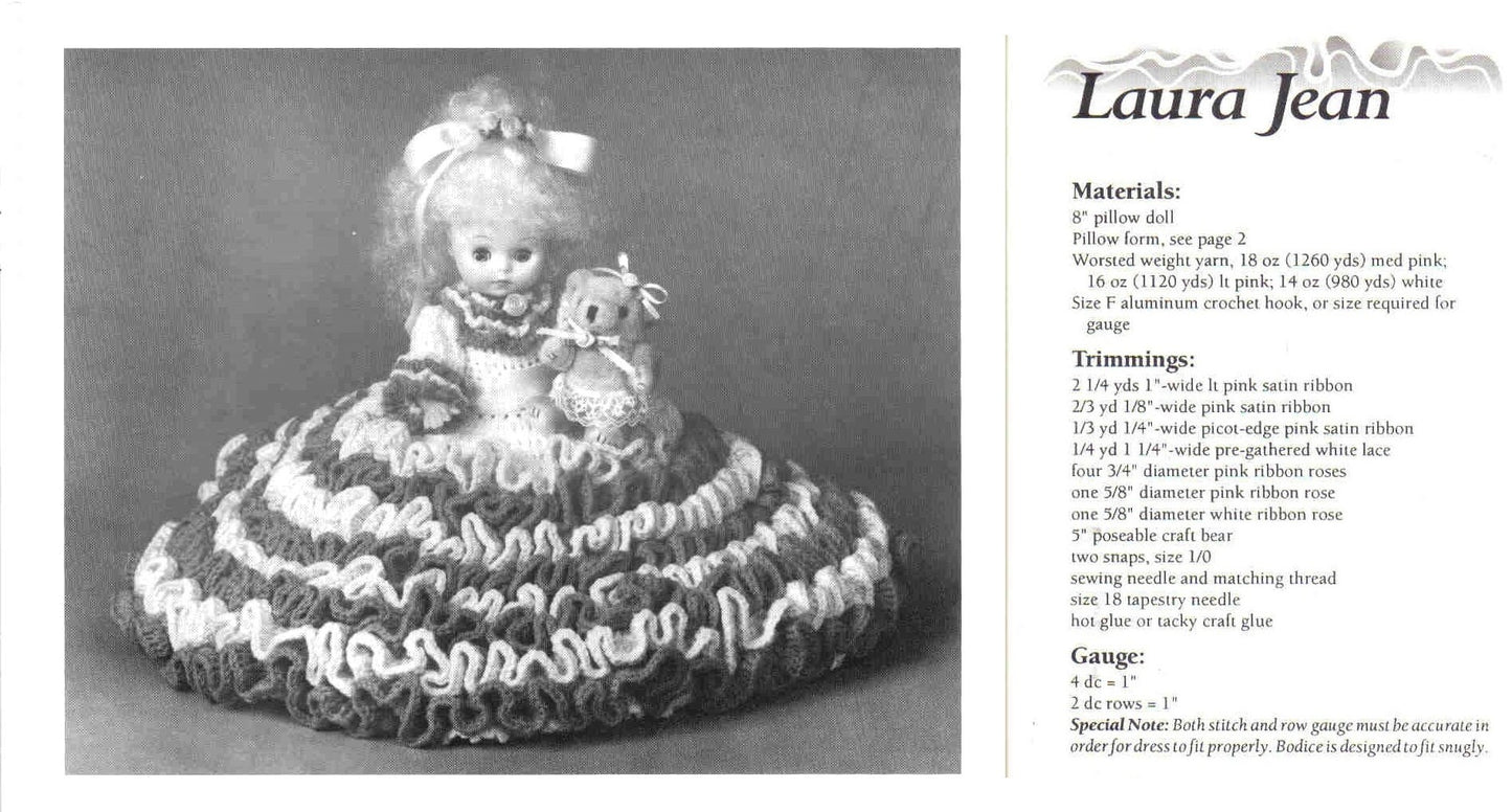 Vintage Crochet Pattern Laura Jean Bed Pillow Doll PDF Instant Digital Download Pretty Tiered Ruffle Dress 10 Ply