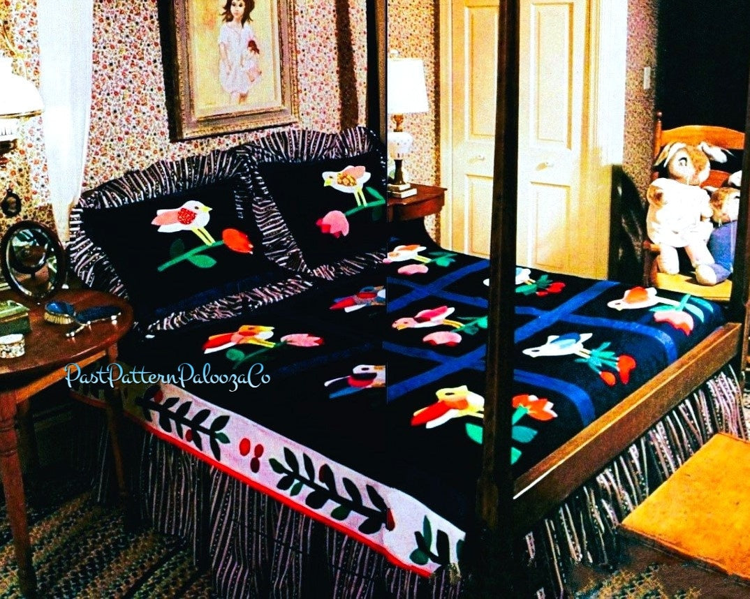 Vintage Sewing Pattern Bluebird Bed Quilt PDF Instant Digital Download Applique Birds Tulip Flower Cherry Blocks Cotton Fabric