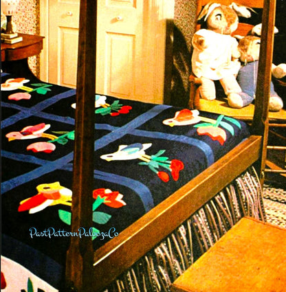 Vintage Sewing Pattern Bluebird Bed Quilt PDF Instant Digital Download Applique Birds Tulip Flower Cherry Blocks Cotton Fabric