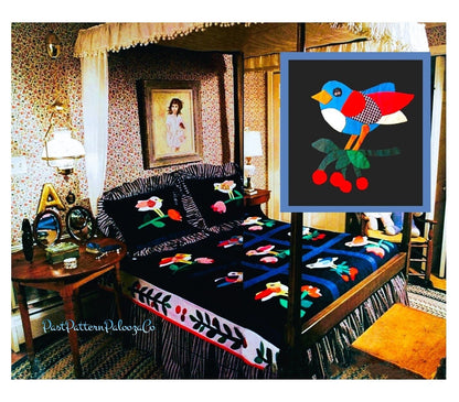 Vintage Sewing Pattern Bluebird Bed Quilt PDF Instant Digital Download Applique Birds Tulip Flower Cherry Blocks Cotton Fabric