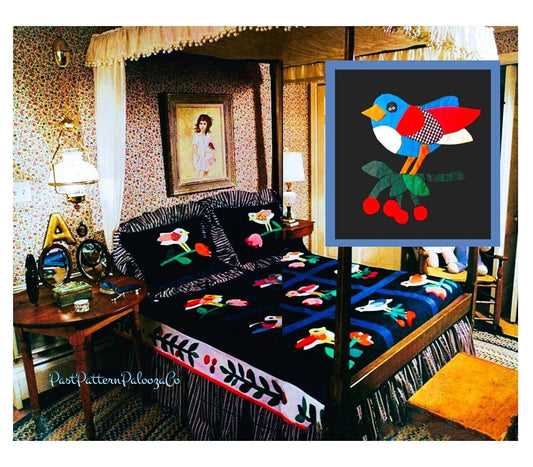 Vintage Sewing Pattern Bluebird Bed Quilt PDF Instant Digital Download Applique Birds Tulip Flower Cherry Blocks Cotton Fabric