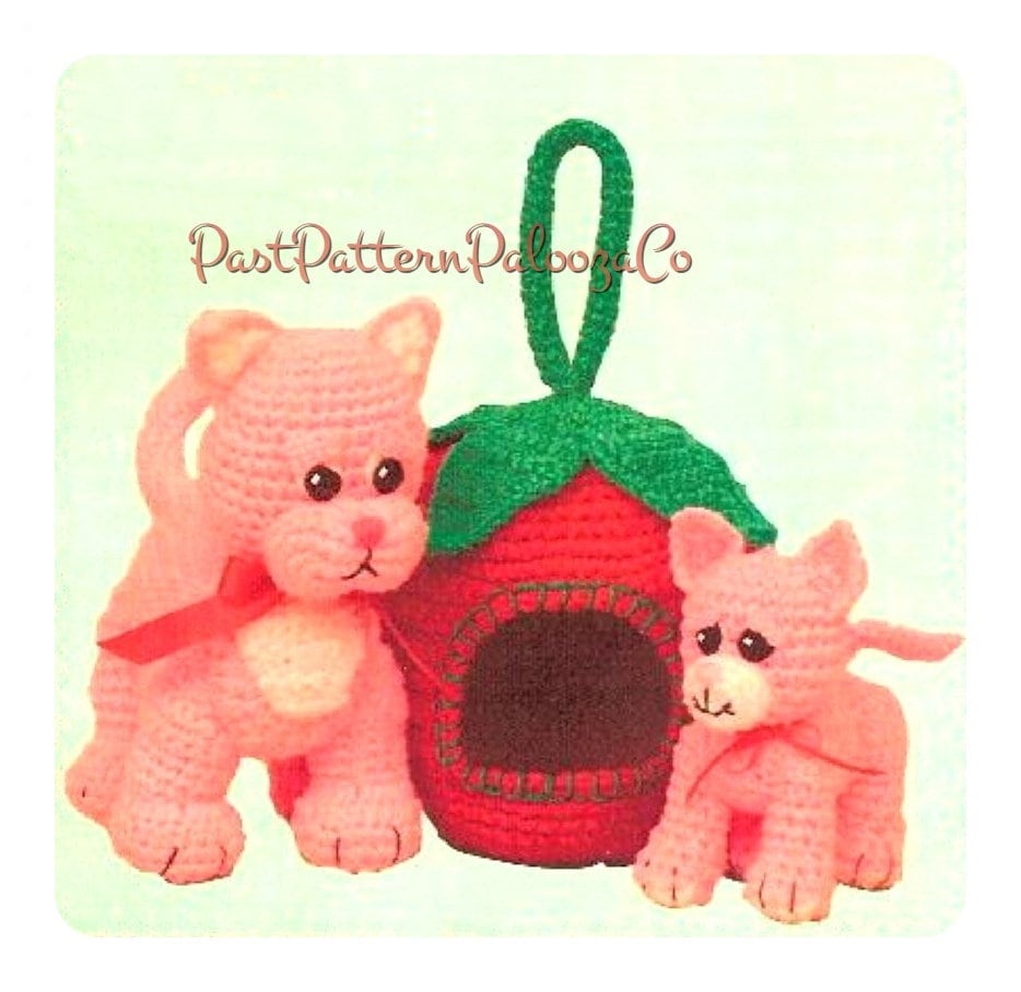 Vintage Crochet Pattern Mama Cat and Kitten Plush Soft Toys with Strawberry Carrier PDF Instant Digital Download Amigurumi Kitties 10 Ply