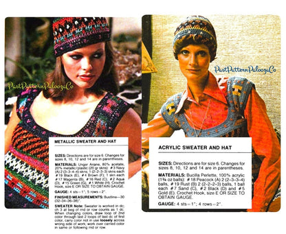 Vintage Crochet Pattern Womens Retro Boho Sweater Top and Hat Sets PDF Instant Digital Download Short Jumpers Hippie Boho Chic 5 Ply