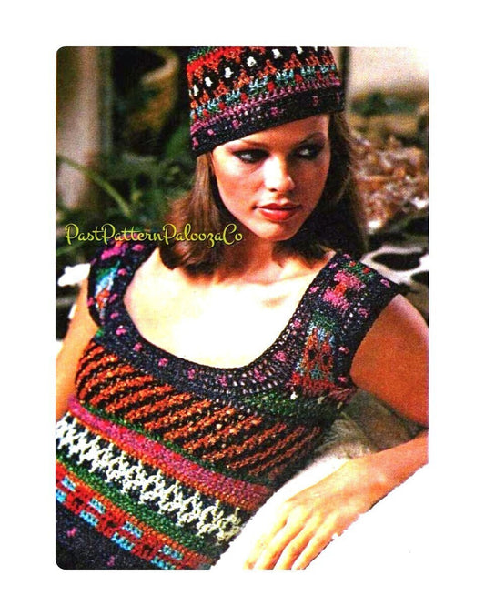 Vintage Crochet Pattern Womens Retro Boho Sweater Top and Hat Sets PDF Instant Digital Download Short Jumpers Hippie Boho Chic 5 Ply
