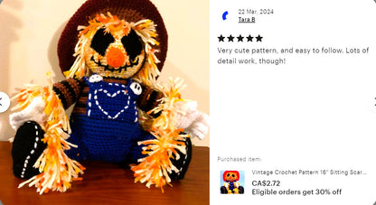Vintage Crochet Pattern 16" Sitting Scarecrow Amigurumi Doll PDF Instant Digital Download Soft Toy Fall Autumn Holiday Doll 10 Ply