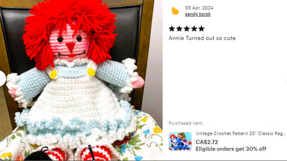 Vintage Crochet Pattern 20" Classic Raggedy Ann & Andy Rag Dolls PDF Instant Digital Download Cute Amigurumi Soft Toy Dolls 10 Ply