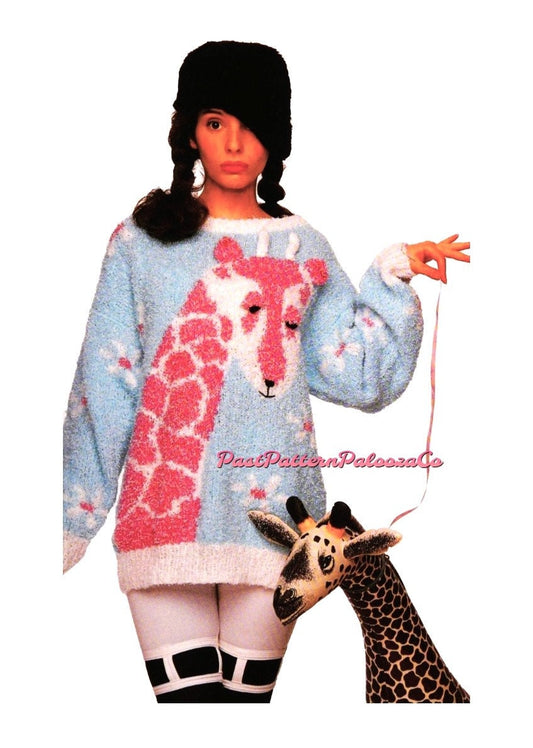 Vintage Knitting Pattern Womens Pink Giraffe Daisies Sweater PDF Instant Digital Download Retro Animal Motif Pullover Jumper 5 Ply