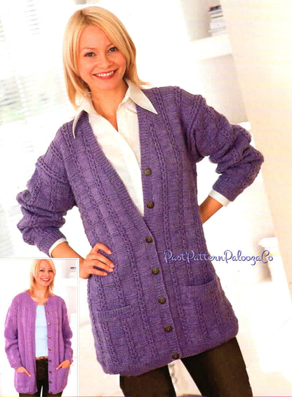 Vintage Knitting Pattern Womens Long Loose Fit Cardigan Jacket 2 Designs PDF Instant Digital Download DK Larger Sizes 32-54"