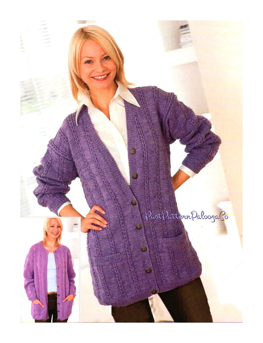 Vintage Knitting Pattern Womens Long Loose Fit Cardigan Jacket 2 Designs PDF Instant Digital Download DK Larger Sizes 32-54"
