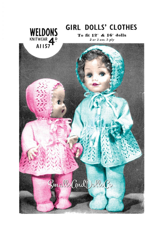 Vintage Knitting Pattern Doll Clothes 12 and 16 Inch Baby Dolls 3 Piece Sets Coat Bonnet Leggings PDF Instant Digital Download 3 Ply