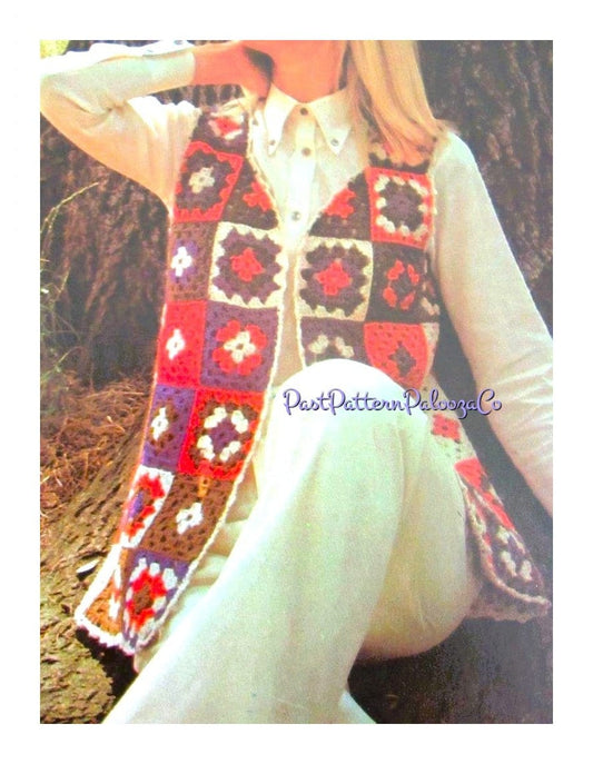 Vintage Crochet Pattern Womens Retro Classic OG Granny Square Motif Waistcoat Vest PDF Instant Digital Download Hippie Boho Chic DK