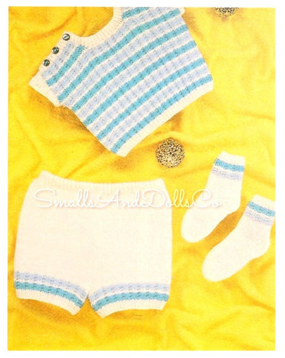 Vintage Knitting Pattern Baby Shorts Tee T-Shirt Socks Set PDF Instant Digital Download 3-12 m DK