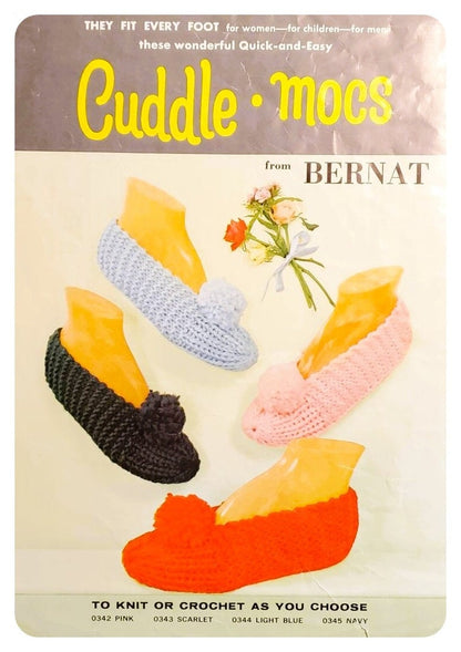 Vintage Crochet & Knitting Patterns Easy Quick Pompom Slippers Retro Cuddle Mocs PDF Instant Digital Download Family House Slippers 10 Ply