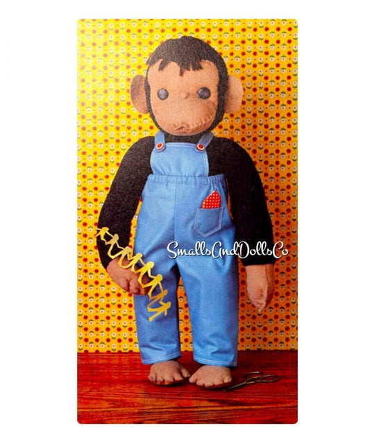 Vintage Sewing Pattern 10" Overall Muggs Monkey Soft Sculpture Toy Doll PDF Instant Digital Download Retro Chimp Stuffed Sock Felt Animal