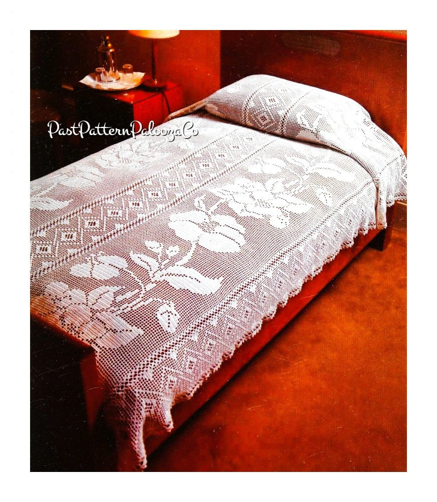 Vintage Filet Crochet Lacy Bedspread Flower and Diamond Panels PDF Instant Digital Download White Cotton Thread Bed Cover 90x64